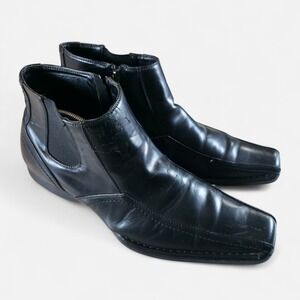 SM New York Men's 12 Black Faux Leather Square Toe Distressed Zip Ankle Boots